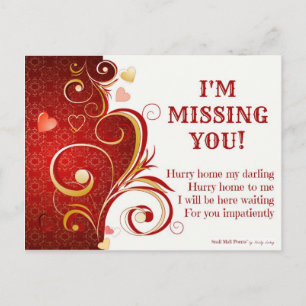 Funny and Romantic I Miss You Poem with Hearts Postcard