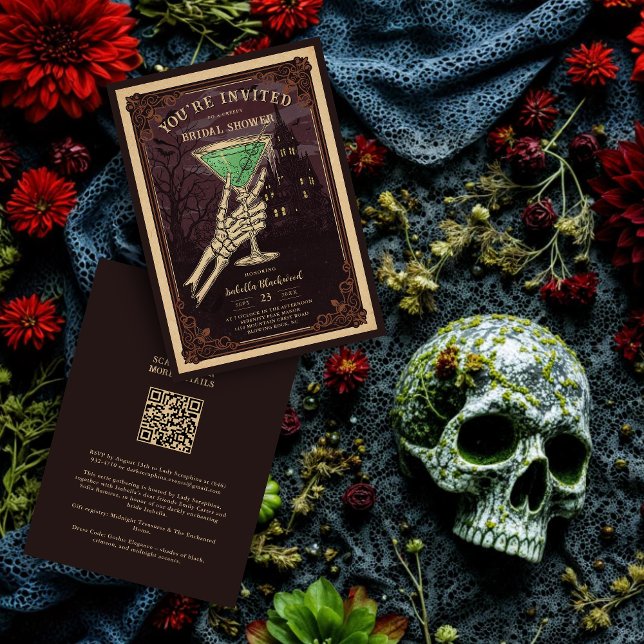 Funny and Sophisticated Halloween Gothic Cocktail  Invitation (Funny and Sophisticated Gothic Halloween Cocktail for Bridal Shower Invitation Cards with QR Code.)