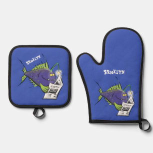 Funny angler fish cartoon oven mitt & pot holder set