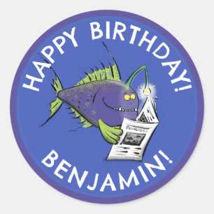 Funny angler fish cartoon personalised birthday classic round sticker