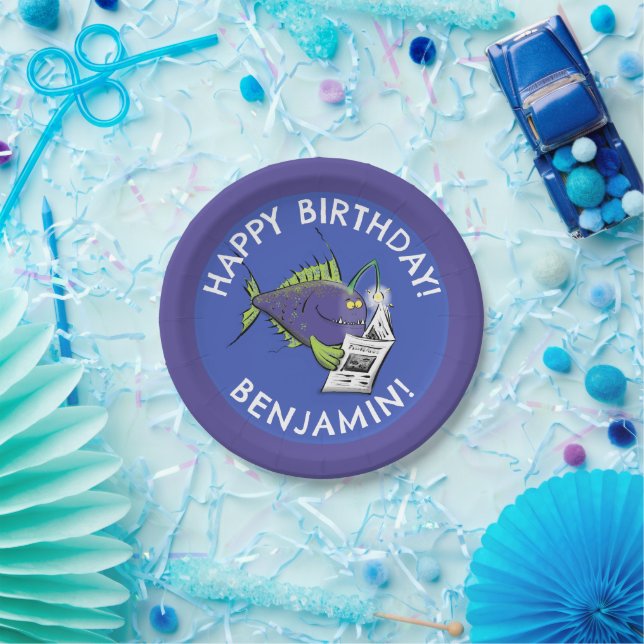Funny angler fish cartoon personalised birthday paper plate (Party)