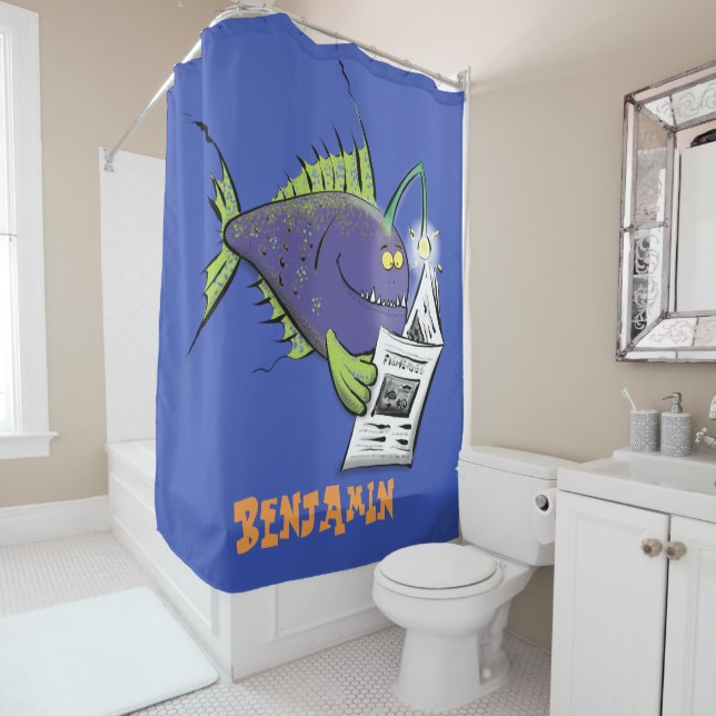 Funny angler fish cartoon shower curtain (In Situ)