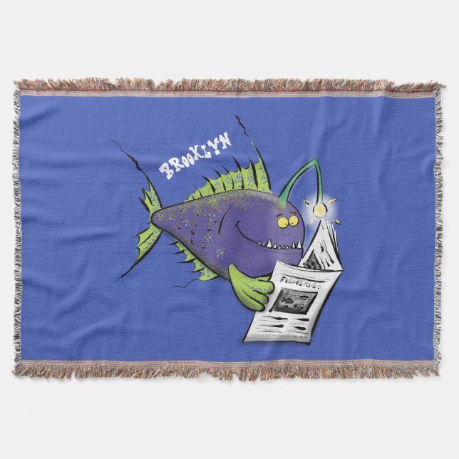 Funny angler fish cartoon throw blanket (Front)