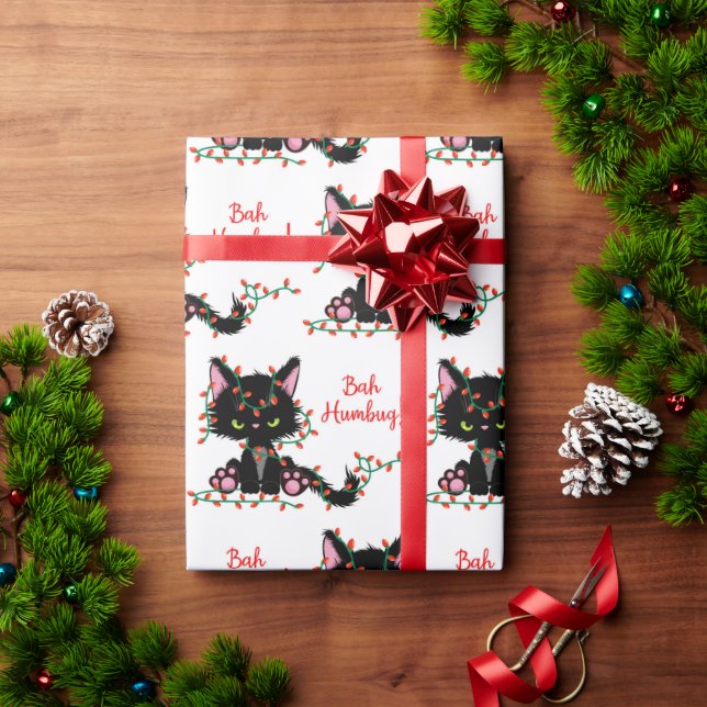 Funny Angry Black Kitten "Bah Humbug" Wrapping Paper (Holiday Gift)
