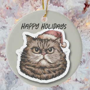 Funny angry Cat Christmas holiday Ceramic Tree Decoration