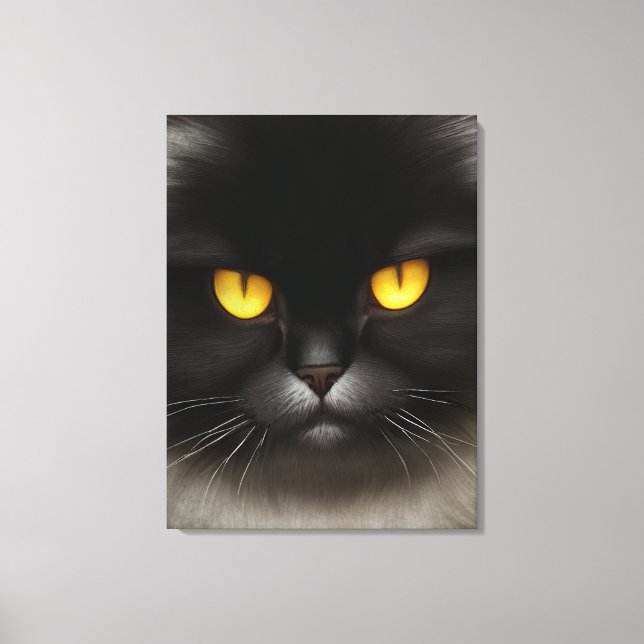 Funny Angry Fluffy Black Persian Kitty Cat Face Canvas Print (Front)