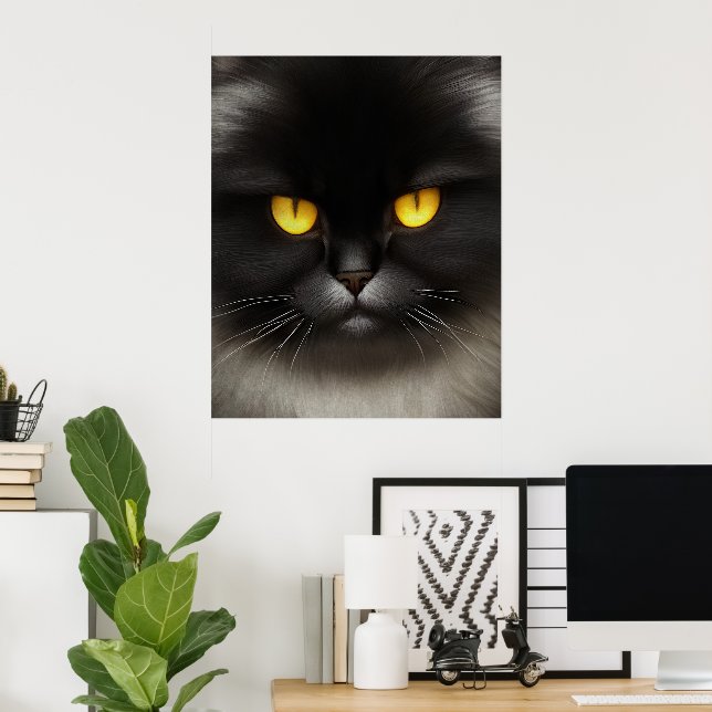 Funny Angry Fluffy Black Persian Kitty Cat Face Poster (Home Office)