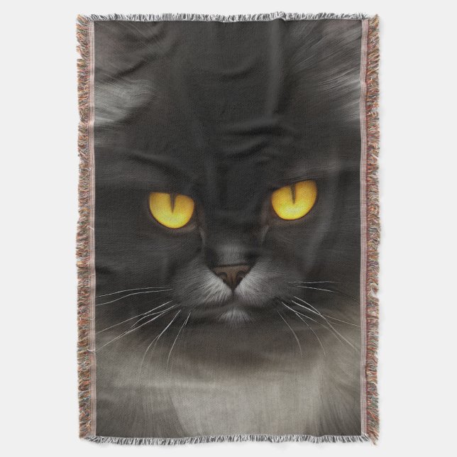 Funny Angry Fluffy Black Persian Kitty Cat Face Throw Blanket (Front Vertical)