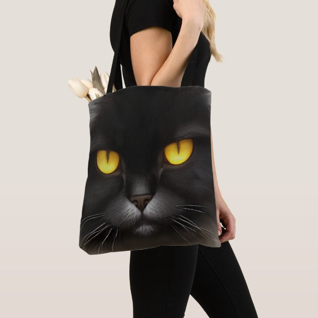 Funny Angry Fluffy Black Persian Kitty Cat Face Tote Bag (Close Up)