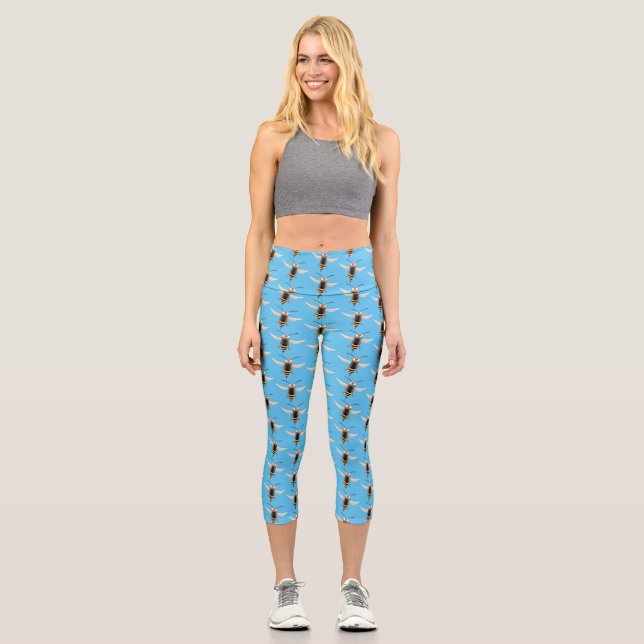Funny angry hornet wasp cartoon illustration capri leggings (Front)