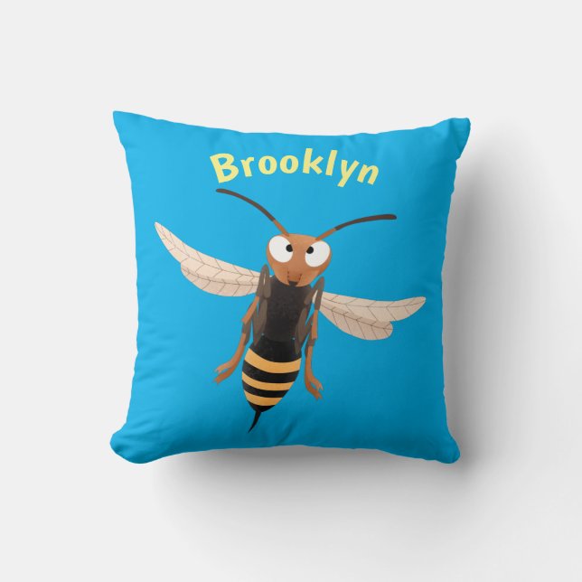 Funny angry hornet wasp cartoon illustration cushion (Front)