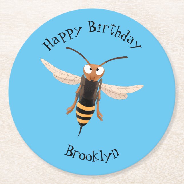 Funny angry hornet wasp cartoon illustration round paper coaster (Front)