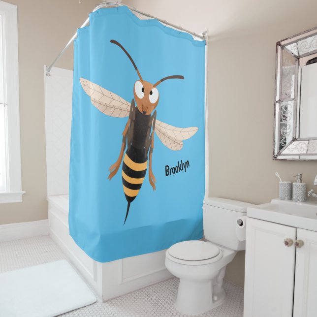 Funny angry hornet wasp cartoon illustration shower curtain (In Situ)