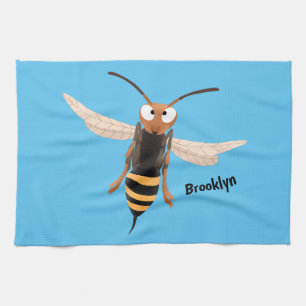Funny angry hornet wasp cartoon illustration tea towel