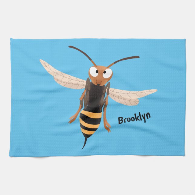 Funny angry hornet wasp cartoon illustration tea towel (Horizontal)