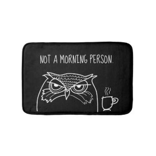 Funny Angry Morning Owl and Coffee Black and White Bath Mat