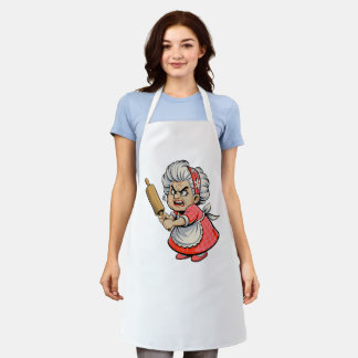 Funny Angry Old Lady with Rolling Pin Cartoon Art Apron