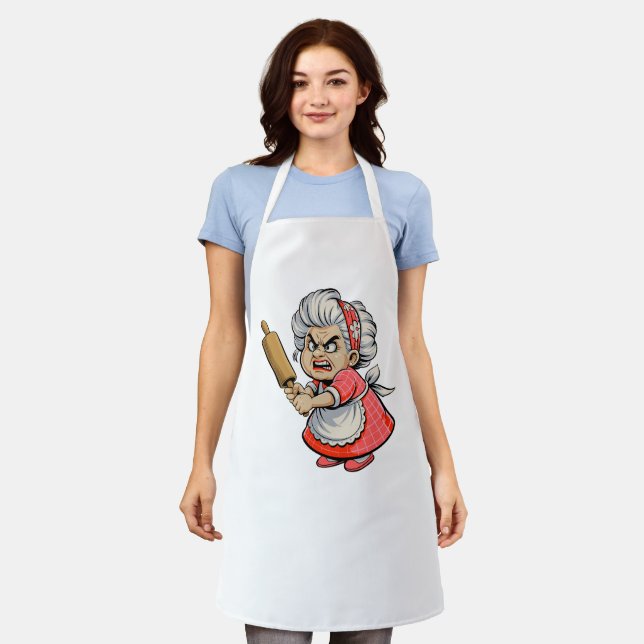 Funny Angry Old Lady with Rolling Pin Cartoon Art Apron (Worn)