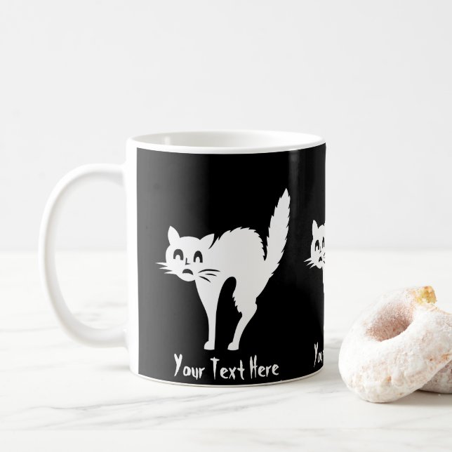 funny angry white cat with arched back halloween coffee mug (With Donut)