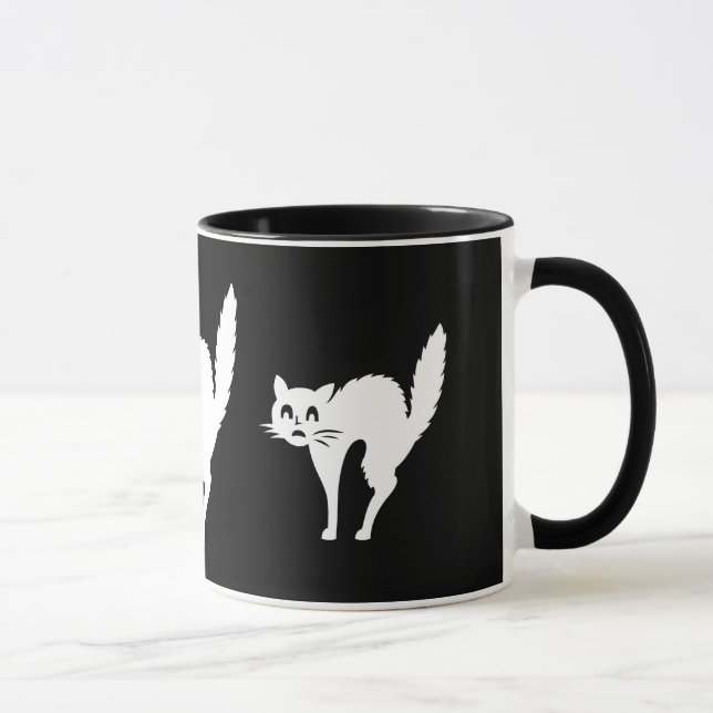 funny angry white cat with arched back halloween mug (Right)