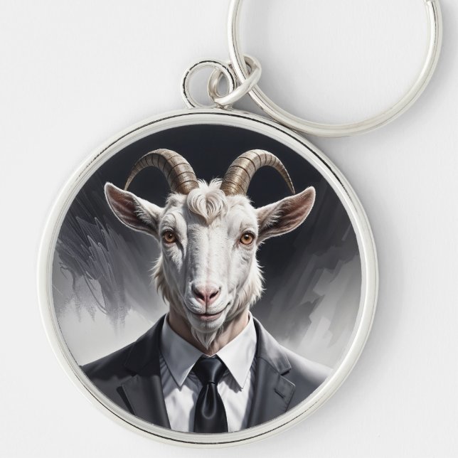 Funny animal boss surreal suited goat character key ring (Front)