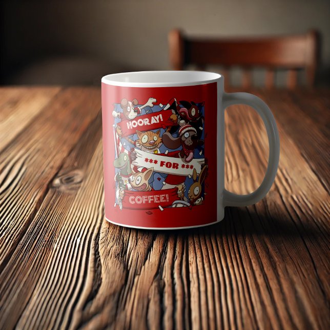 Funny Animal Fans Hooray For Coffee Crowd Cartoon Coffee Mug (Creator Uploaded)