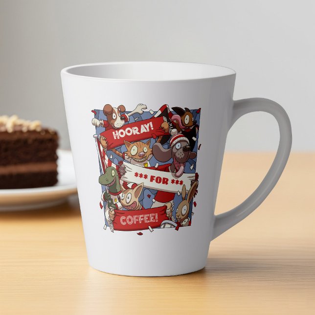 Funny Animal Fans Hooray For Coffee Crowd Cartoon Latte Mug (Creator Uploaded)