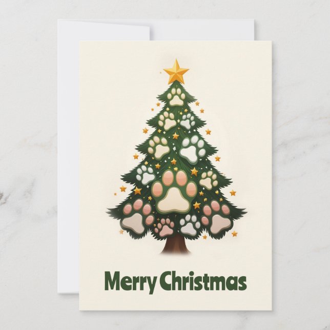Funny Animal Paws Green Modern Christmas Tree Holiday Card (Front)