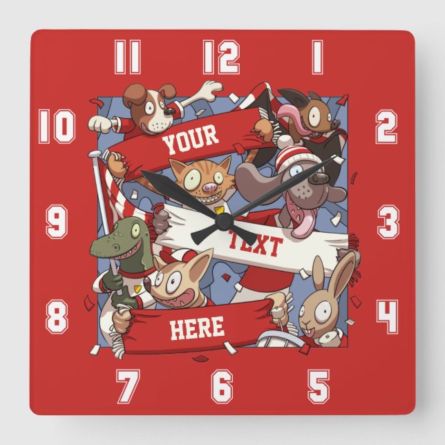 Funny Animal Sports Fans Scarf Waving Cartoon Square Wall Clock (Front)
