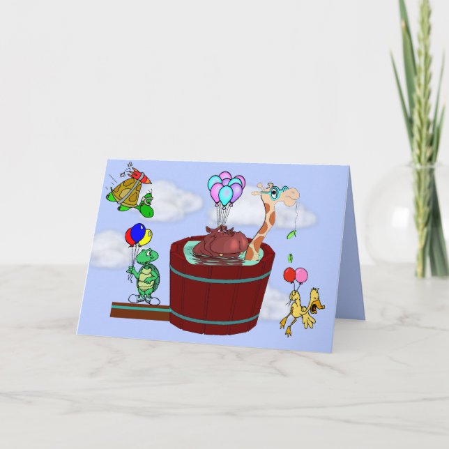 Funny Animals Flying w/Balloons on Birthday Card (Front)