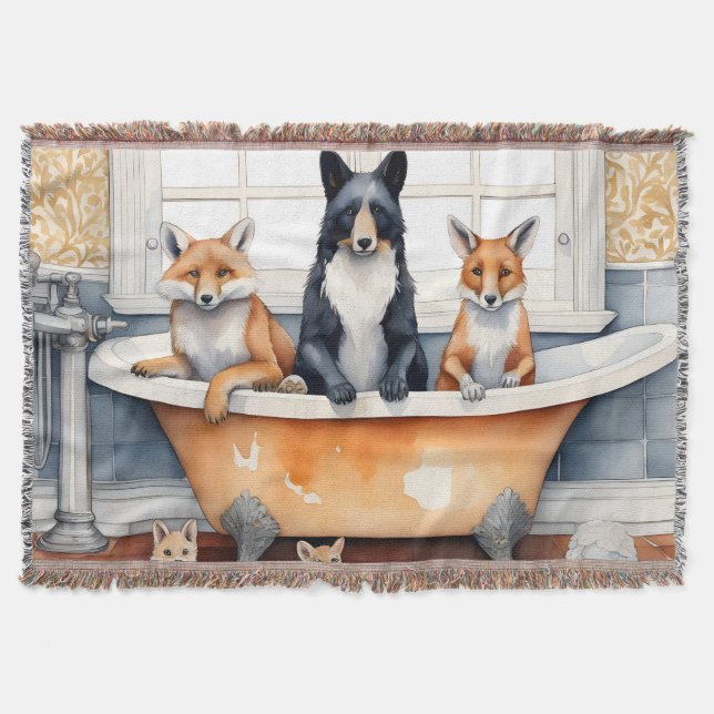 Funny animals in bath throw blanket (Front)