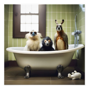 Funny animals in bathroom photo print