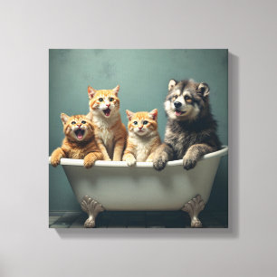 Funny animals in bathtub canvas print