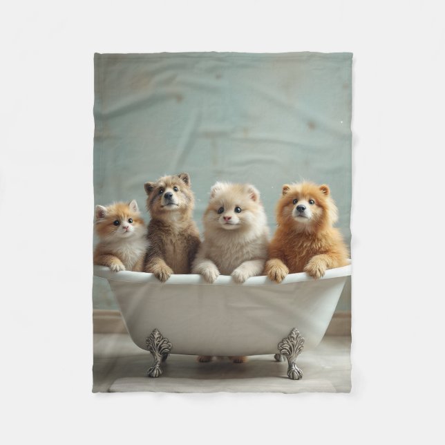 Funny animals in bathtub fleece blanket (Front)