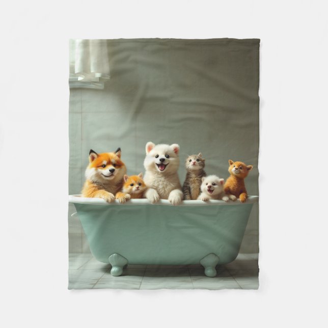 Funny animals in bathtub fleece blanket (Front)