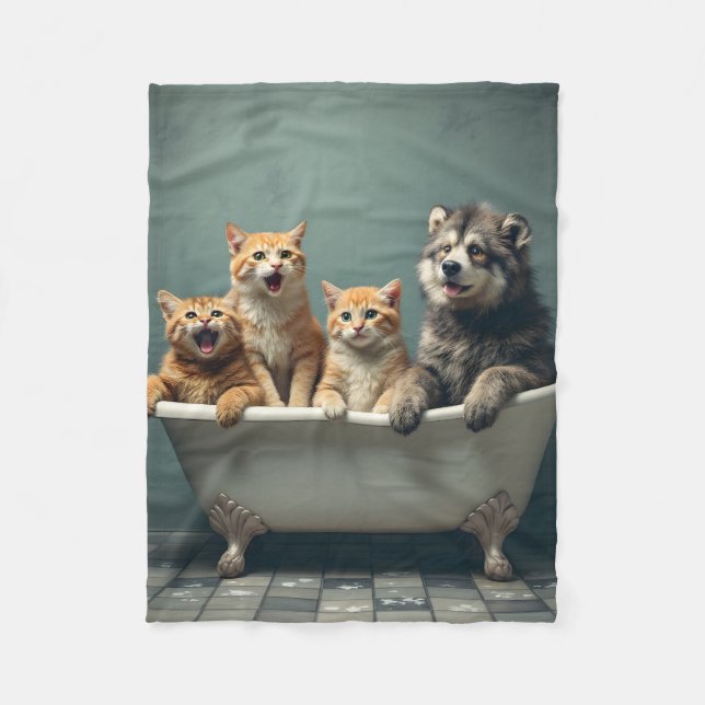 Funny animals in bathtub fleece blanket (Front)