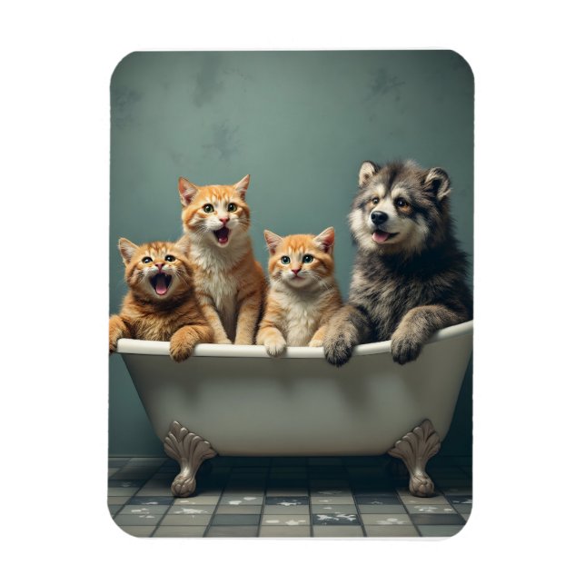 Funny animals in bathtub magnet (Vertical)