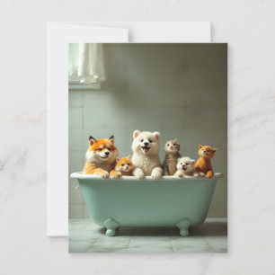 Funny animals in bathtub postcard