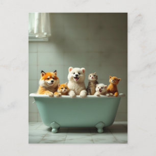 Funny animals in bathtub postcard