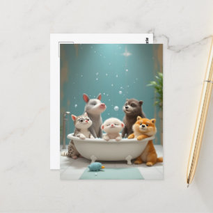 Funny animals in bathtub postcard