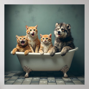 Funny animals in bathtub poster
