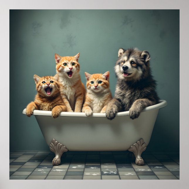 Funny animals in bathtub poster (Front)