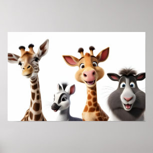 Funny animals on white poster