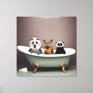 Funny animals sitting in bathtub in bathroom canvas print