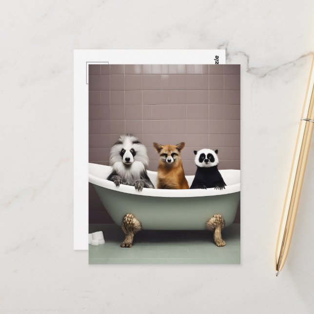 Funny animals sitting in bathtub in bathroom postcard (Front/Back In Situ)