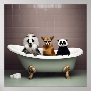 Funny animals sitting in bathtub in bathroom poster