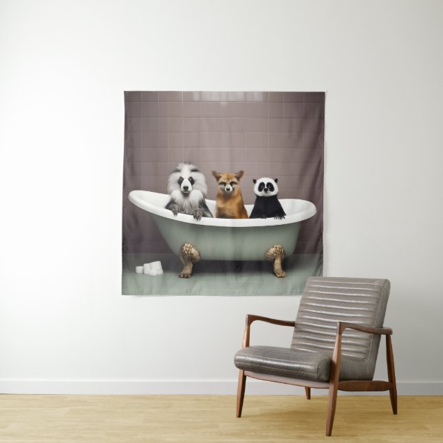 Funny animals sitting in bathtub in bathroom tapestry (In Situ)