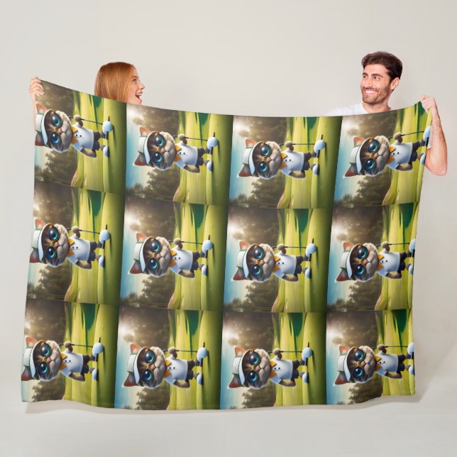 Funny Animated Cat Golf Player, Fleece Blanket (In Situ)