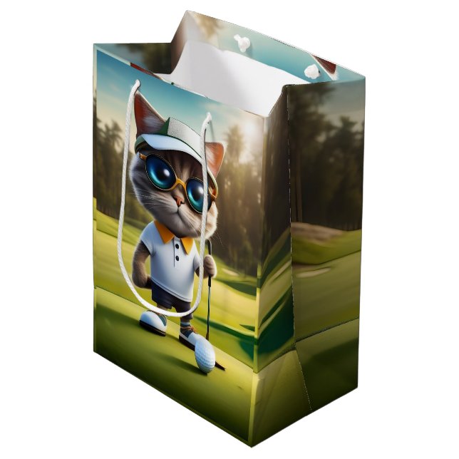Funny Animated Cat Golf Player, Medium Gift Bag (Front Angled)