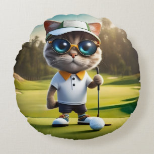 Funny Animated Cat Golf Player, Round Cushion